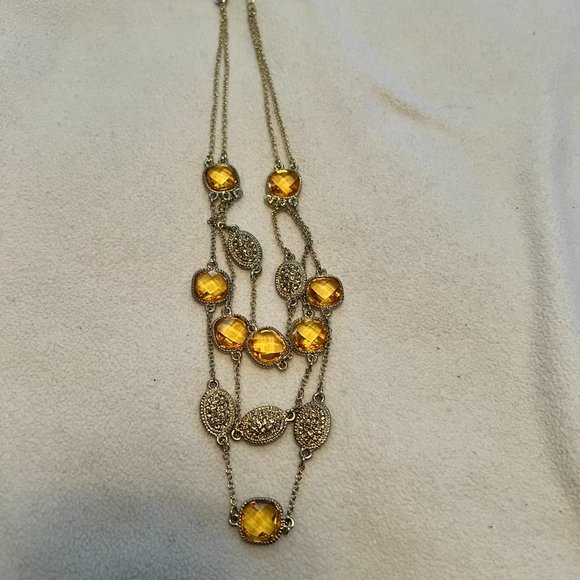 Gold Tone Multi-Row Necklace with Yellow/Gold Stones & Medallions - 15-17 inches - Picture 1 of 3